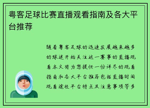 粤客足球比赛直播观看指南及各大平台推荐
